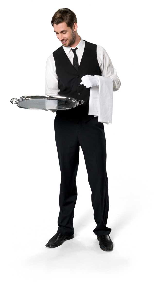 Friendly Caucasian man with short dark brown hair in uniform holding tray - Isolated